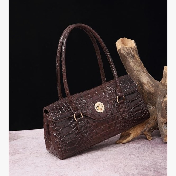 Dark Brown Crocodile Textured Shoulder Bag with Structured Design - Picture 2 of 7